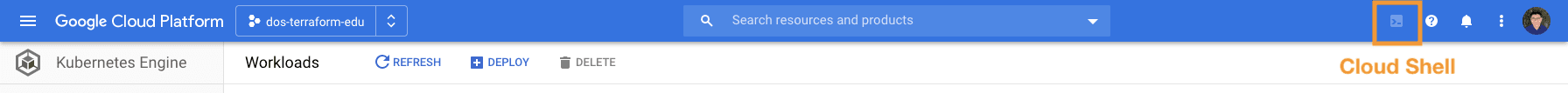 Google Cloud header with "Cloud Shell" option pointed out (top right corner near the help button)