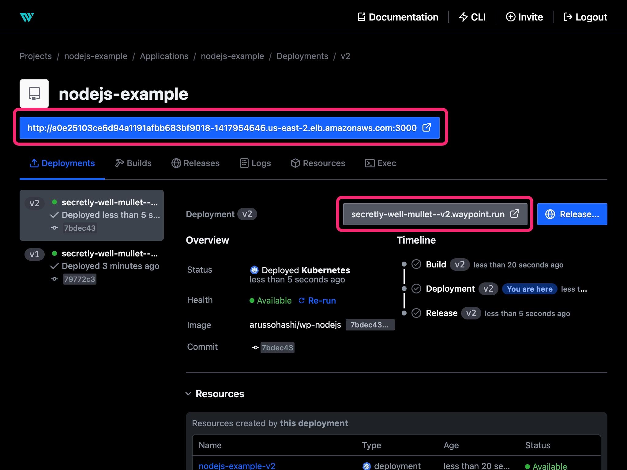 nodejs-example deployments page in the Waypoint UI with deployment URL buttons highlighted